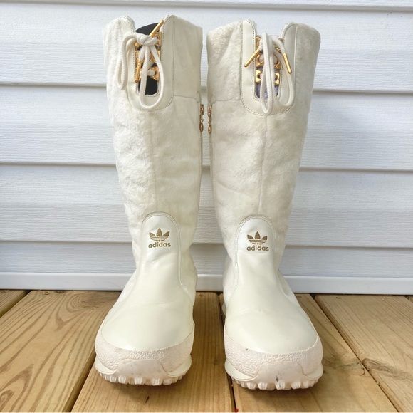 VTG Y2K Adidas Arosa High Tall Fur Leather Boots Ivory White Womens 8 RARE - Picture 2 of 12